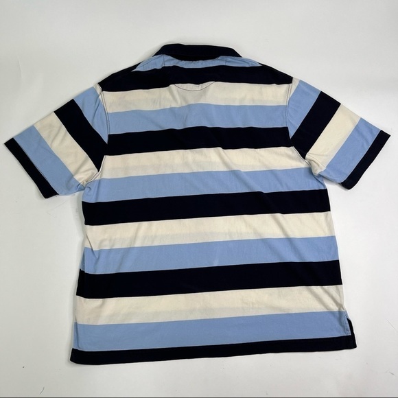 DENVER Hayes Navy Blue & Cream Wide Striped Pocket Collar Soft Short Sleeve Polo - Picture 3 of 5